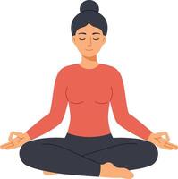 A serene woman meditating in a peaceful pose with a calm expression in a minimal flat illustration vector