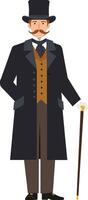 Elegant gentleman dressed in a vintage coat and top hat, standing confidently with a cane, flat illustration vector