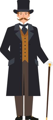 Elegant gentleman dressed in a vintage coat and top hat, standing confidently with a cane, flat illustration