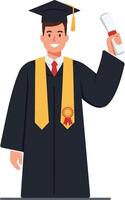 Young man in a graduation cap and gown joyfully holding a diploma with a proud expression in a flat illustration vector
