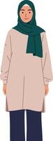 A young woman wearing a hijab in a long tunic and loose pants, showcasing a minimal style in art vector
