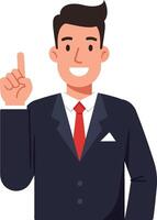 Confident businessman in a suit raising a finger while smiling, minimal style illustration showcasing professionalism and enthusiasm vector