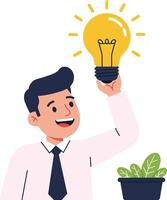 A smiling man in a white shirt and black tie holding a glowing light bulb above his head in a flat illustration vector