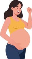 Pregnant woman in a joyful pose wearing a yellow top and blue jeans, showcasing excitement and happiness in a flat illustration vector