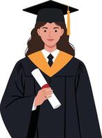 Graduate wearing a black gown and cap with a gold tassel holding a diploma in a proud pose, minimal illustration vector