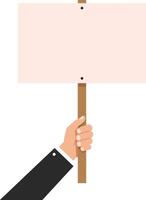 Hand holding a blank signboard in a business suit, minimal design style, showcasing communication and protest themes, art vector