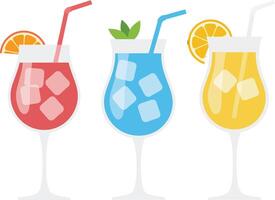 Three colorful cocktails in elegant glasses, featuring flat design style and vibrant hues, showcasing refreshing summer beverages in illustration vector