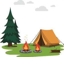 Cozy camping scene featuring a brown tent and two campfires surrounded by green grass and a tall pine tree in a flat illustration vector