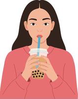 Young woman sipping bubble tea with a blue straw in minimal flat illustration style, showcasing a relaxed and casual atmosphere with a focus on beverage enjoyment in art vector