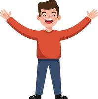 Cheerful young boy with arms wide open in a playful pose, featuring a minimal design style, joyful expression, and bright colors, illustration vector