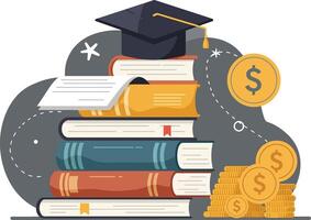 Stacked books with a graduation cap and coins in a flat design style showcasing knowledge and finance in art vector