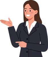 A confident businesswoman in a black suit gestures positively while smiling in a minimalist flat illustration showcasing professionalism and approachability in a workplace setting art vector