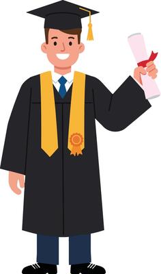 Young male graduate in black robe holding diploma and smiling, flat illustration celebrating academic achievement with proud expression and graduation accessories