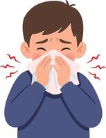 A young boy with a sad expression sneezing into a tissue in flat art style, conveying feelings of discomfort and illness in a simple design vector