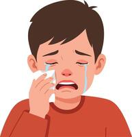 A young boy with tears streaming down his face, holding a tissue in a minimal flat design illustration vector