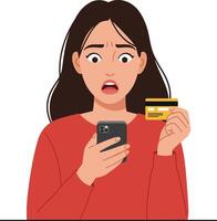 Young woman with surprised expression holding a credit card and smartphone in a flat art style, conveying a sense of shock and concern about online shopping vector