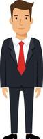 Businessman in a tailored suit with a red tie, standing confidently in a flat design illustration vector