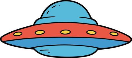 A colorful flying saucer in a flat design style featuring a blue body and red accents with yellow lights, illustrated as art vector