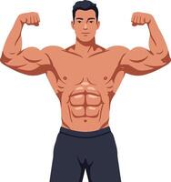 Strong muscular man flexing his biceps in a flat design style showcasing fitness and confidence in illustration vector