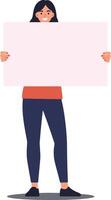 A young woman standing confidently with a blank sign in a flat style illustration showcasing positivity and openness in a cheerful atmosphere vector