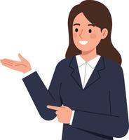Professional woman in dark suit presenting with a smile, minimal flat design illustration vector