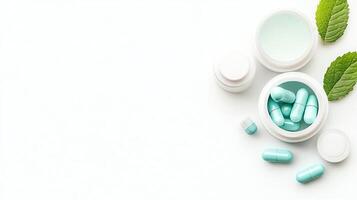 A collection of turquoise capsules and cream jars with fresh green leaves. Perfect for concepts related to health, wellness, and natural remedies. photo