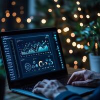 A person analyzing data on a laptop screen, showcasing various graphs and statistics photo
