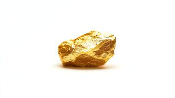 A close-up view of a raw gold nugget showcasing its natural texture and shimmer against a white background. Perfect for highlighting the beauty and value of natural minerals. photo