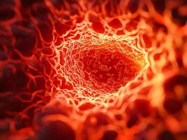 A detailed close-up view of a complex network of cells, showcasing vibrant red hues. This image highlights the intricacies of biological structures at a microscopic level. photo