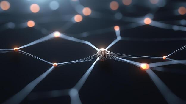 A close-up view of a complex network of interconnected nodes emitting glowing lights, symbolizing data flow, connectivity, and advanced technological innovations in digital landsca photo