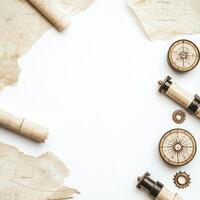 Vintage travel maps and navigational tools create a nostalgic and adventurous atmosphere, inviting viewers to explore and embark on journeys. Perfect for travel-themed projects. photo