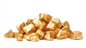 A close-up view of a pile of shiny gold nuggets, showcasing their luster and unique shapes. Ideal for use in finance, mining, or luxury themes. photo