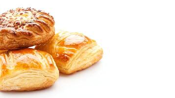 Delicious and flaky pastries arranged neatly on a white background, perfect for breakfast or snacks. Enjoy this delightful assortment of buttery treats with coffee or tea. photo