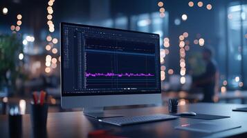 A sleek desktop computer showcasing audio editing software with vibrant waveforms displayed on the screen, set in a stylish workspace with warm ambient lighting. photo