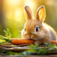A cute, fluffy rabbit rests next to a fresh carrot, basking in warm sunlight. This adorable scene captures the essence of a peaceful moment in nature, perfect for animal lovers. photo