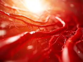 This vivid close-up image showcases intricate red blood vessels, illuminated by soft light photo