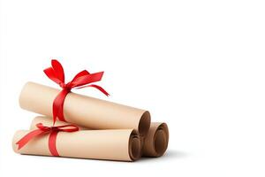 Three elegant, rolled parchment scrolls tied with red ribbons, symbolizing achievement and recognition. Ideal for graduation, diploma, or certificate-themed projects. photo