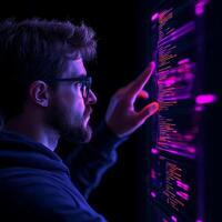 A young man interacts with a vibrant touch screen display, showcasing lines of code photo