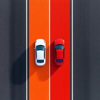 Aerial view of two cars, one white and one red, driving on vibrant orange and red lanes. This dynamic composition symbolizes speed, competition, and modern transportation. photo