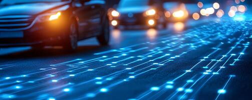 A dynamic urban scene showcasing modern vehicles on a highway at night, illuminated by vibrant blue light trails, symbolizing speed and technology in transportation. photo