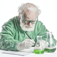 An elderly scientist in a lab coat meticulously notes observations while surrounded by glass beakers filled with vibrant green liquids, representing research and discovery in chemi photo