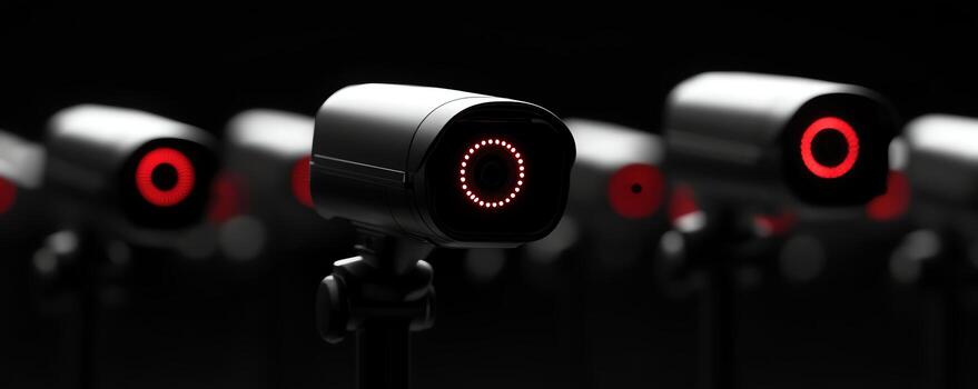 A close-up view of multiple modern surveillance cameras, featuring sleek designs and red indicator lights, demonstrating innovations in security technology and monitoring systems. photo