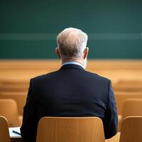 An elderly man in formal attire sits in a classroom, facing a chalkboard. His presence symbolizes wisdom and knowledge, reflecting on a lifetime of teaching and learning. photo