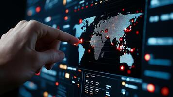 A close-up view of a hand interacting with a digital map on a high-tech screen, showcasing global data and interactive features, ideal for illustrating technological advancements. photo