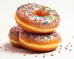 A delightful stack of three donuts, glazed with pink icing and topped with colorful sprinkles. Perfect for dessert lovers and bakery enthusiasts. photo