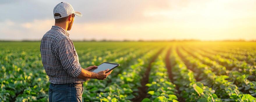 A farmer uses a tablet to monitor crops in a sunlit field, demonstrating the integration of technology in agriculture to enhance productivity and ensure sustainable farming practic photo
