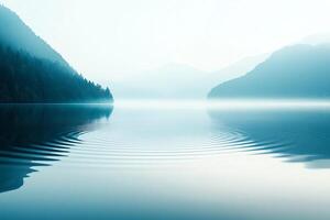 A serene landscape featuring gentle water ripples reflecting the soft light of dawn. Mountains frame the tranquil scene, creating a peaceful atmosphere ideal for relaxation. photo