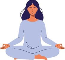 A serene woman meditating in a light blue outfit with peaceful expression in a flat illustration design reflecting calmness and mindfulness in a tranquil setting art vector