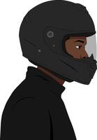 Profile view of a motorcyclist wearing a sleek black helmet and jacket in a minimalistic flat design illustration vector
