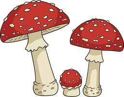 Three vibrant red mushrooms with white spots in a flat design style showcasing whimsical details in art vector